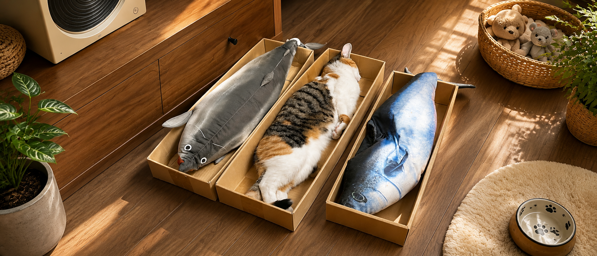 Cat relaxing beside soft pet toys in a warm home